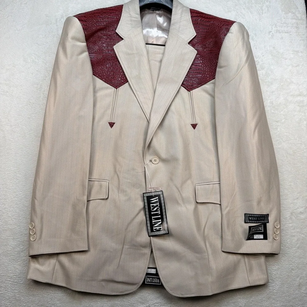 Deadstock Western Suit Rockabilly Stage Cowboy Yoke Cream Burgundy 46R 38